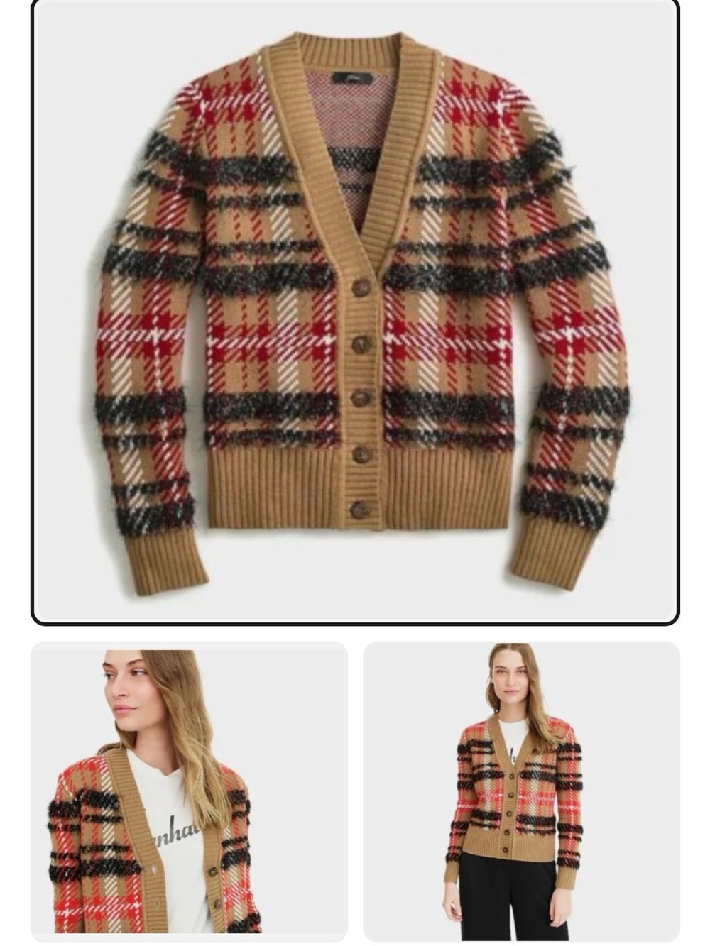 J. Crew Plaid V-Neck Cardigan in metallic knit Camel, Red and Black